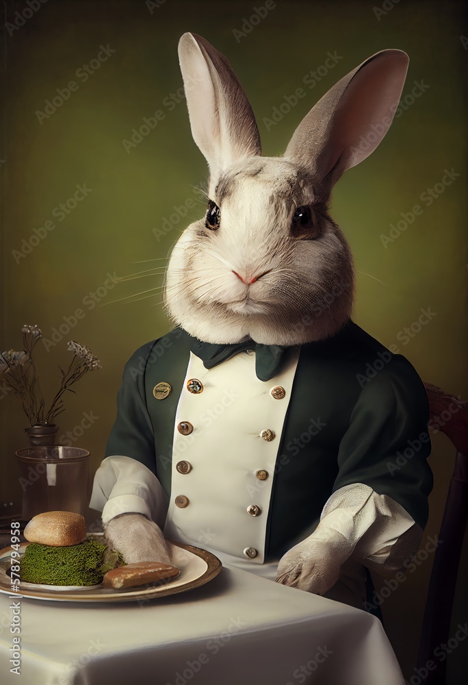 Wall mural Portrait of an Easter Bunny wearing Waiter uniform. Generative AI