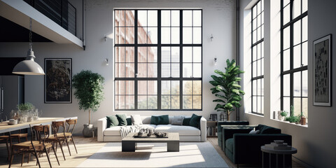 Plakat Illustration of modern light apartment with big windows created with Generative AI technology