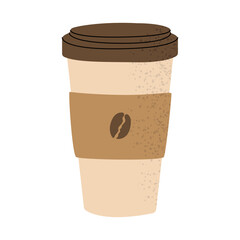 Flat vector cartoon illustration of a paper cup with takeaway coffee isolated on a white background.
