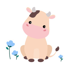 Cute happy baby cow sitting in flowers. Adorable farm animal character cartoon vector illustration