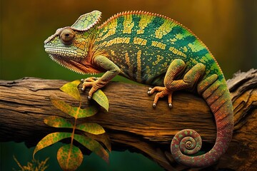 Obraz premium a chameleon with a wide range of natural colors. Vibrant chameleon atop a tree. Generative AI