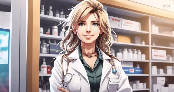 Cartoon / anime female doctor in hospital