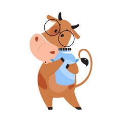 Cute happy brown cow in glasses hugging milk can. Lovely farm animal character cartoon vector illustration