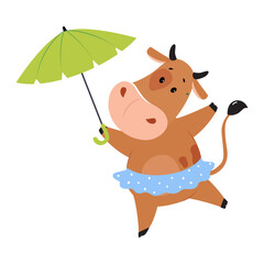Obraz na płótnie Canvas Cute happy brown cow in short skirt walking with umbrella. Lovely farm animal character cartoon vector illustration