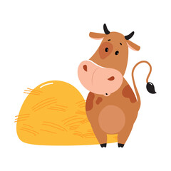 Fototapeta premium Cute happy brown cow and haystack. Lovely farm animal character standing on hind paws cartoon vector illustration