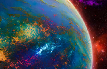 Beautiful alien world from outer space, view of the colorful exoplanet in deep space surrounded by stars and nebulas. 