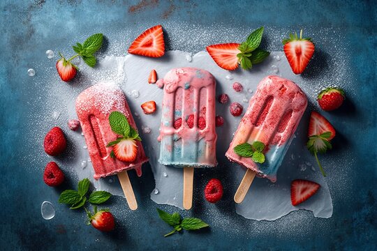 On a concrete background, homemade frozen strawberry ice cream popsicles, ice cubes, and fresh strawberries are seen. Summertime sweets. Generative AI