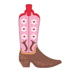 Retro Cowgirl boots with ornament. Cowboy western and wild west theme. Vector isolated design for postcard, t-shirt, sticker etc.