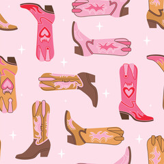 Retro seamless pattern with different Cowgirl boots. Various bright color boots. Wild West fashion style vector for invitation, wrapping paper, packaging etc.