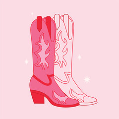 Retro Cowgirl pink pair of boots . Cowboy western and wild west theme. Vector design for postcard, t-shirt, sticker etc.