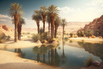In the middle of a desert, with palm palms lining the edge of a lake, is a beautiful oasis. Generative AI