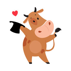 Cute happy brown cow standing on hind legs holding black top hat. Lovely farm animal character cartoon vector illustration