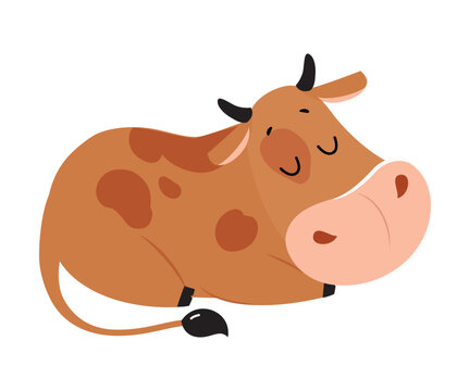 Cute happy brown sleeping cow. Lovely farm animal character cartoon vector illustration