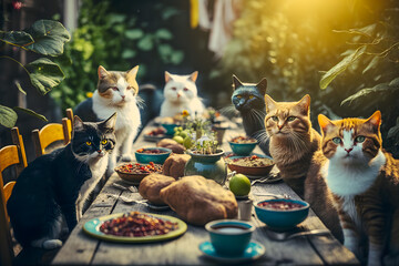 Many yard cats gathered at the morning summer tables in the garden for breakfast, lunch, dinner. Generative AI