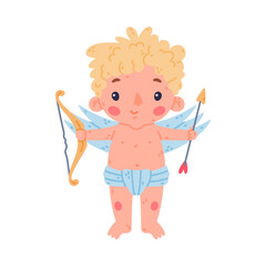 Cute baby Cupid with bow and arrow. Adorable blond little boy angel character with wings cartoon vector illustration