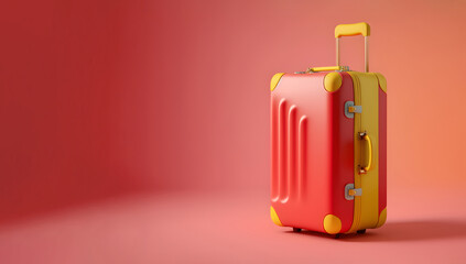 3D Red and Yellow Travel Suitcase on Wheels on Pastel Red Background: AI Generated Image