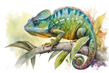 Watercolor painting of a chameleon lizard; an example of tropical fauna. Generative AI