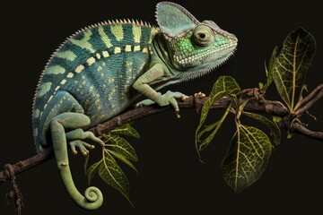 A chameleon against a black background, a reptile perched on a branch, etc. Generative AI