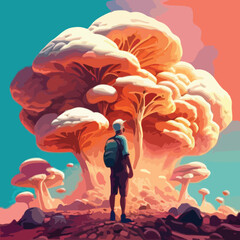 Vector art. Traveler in the sky in the world of mushrooms. Ecology of thought