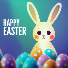 Cute cartoon bunny with Easter eggs