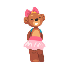 Cute bear girl character in fashionable outfit. Cool wild animal wearing pink skirt standing with backpack. T-shirt, print, poster, sticker design cartoon vector illustration