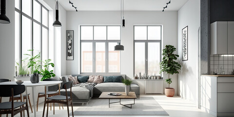 Fototapeta na wymiar Illustration of modern light apartment with big windows created with Generative AI technology