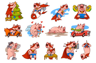 Obraz premium Pink Pig in Red Superhero Cloak and Mask Engaged in Different Activity Vector Set