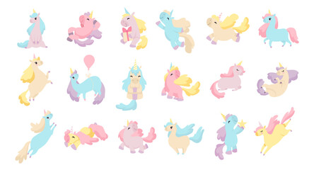 Set of cute unicorns in pastel colors. Childish print, stickers, room decor, creative nursery design cartoon vector