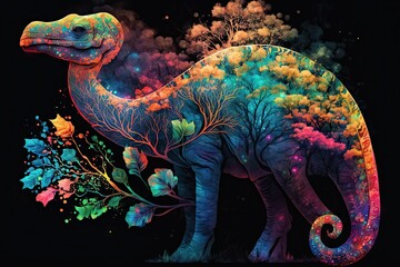 Obraz premium Blazing with Life: An Exotic Brontosaurus Adorned with Colorful Hues Generative AI