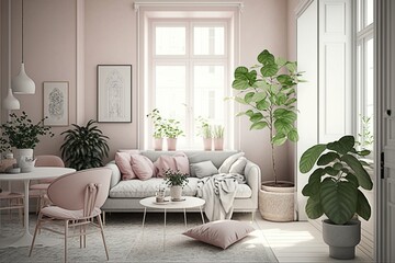 Serene and Stylish Living Room with Soft Color Palette and Small Plant