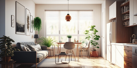 Illustration of modern light apartment with big windows created with Generative AI technology