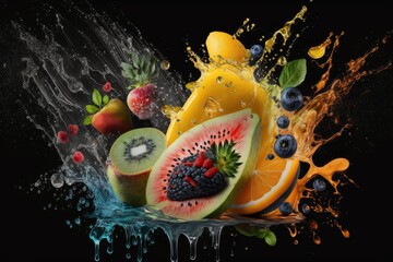 Fototapeta na wymiar With a variety of fresh fruits and water splashes, a large, black background is used. Skinali's High Quality Photo Collage. Generative AI