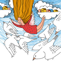 Happy free girl flying with doves. Concept of freedom, development and aspirations. Card design. Hand drawn colored flat vector illustration