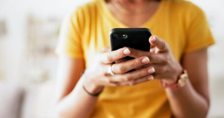 Smartphone in hands, woman with social media and communication, typing in chat with online scroll at home. Female relax in living room, technology and using phone with mobile app, email and contact - Powered by Adobe
