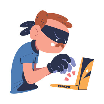 Masked cyber thief, hacker stealing data from laptop computer. Cyber security and crime, spy access, hacker attack cartoon vector illustration