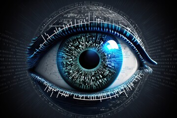 Technological backdrop with an image of a digital eye, a data network, and cyber security. A digital eye or safety scanner that uses binary codes to keep an eye on things in cyberspace or online is a