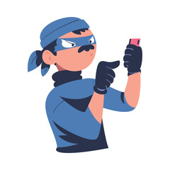 Masked cyber thief, hacker stealing personal data smartphone. Cyber security and crime, hacking and phishing attack cartoon vector illustration - obrazy, fototapety, plakaty