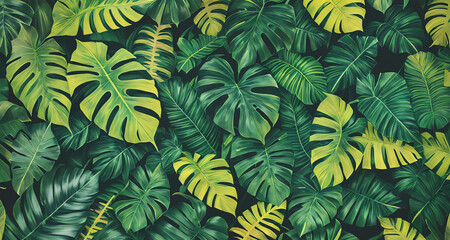 Naklejka na ściany i meble Decorative background with tropical plants and leaves. Generative AI