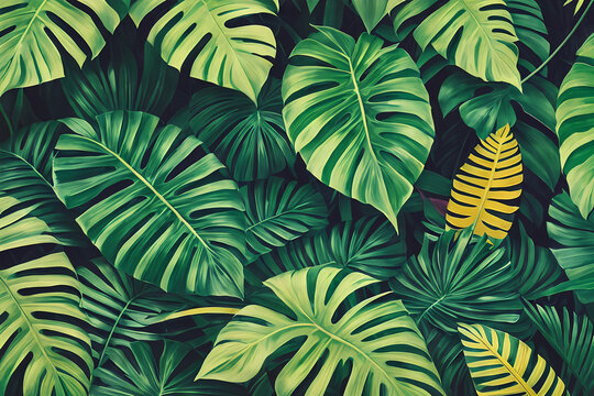 Decorative background with tropical plants and leaves. Generative AI © Jumpingsack