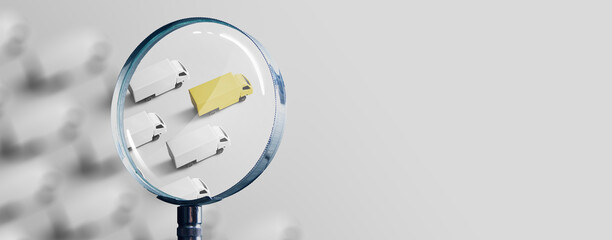 Leadership concept: yellow truck leading a group of white trucks focused with a magnifying glass