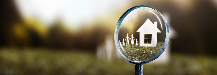 paper house and family focused by a magnifying glass - home buying/selling concept
