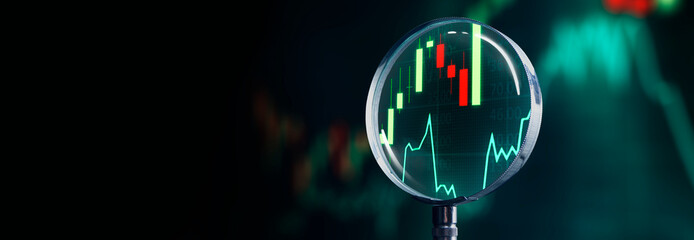 magnifying glass focusing finance charts on stock market - obrazy, fototapety, plakaty