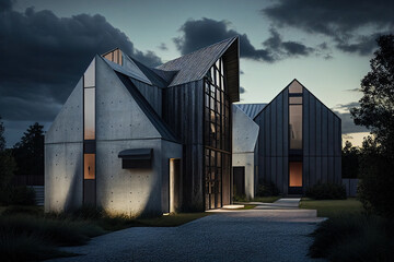 Fototapeta premium Exterior of modern house with large panoramic windows. Living building facade. Created with Generative AI