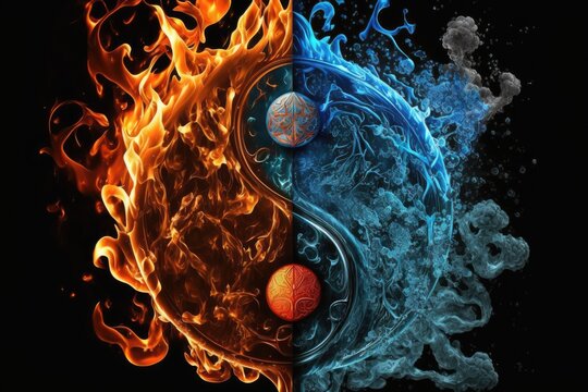 The elemental symbolism of water and fire is discussed. Distinct against a solid black backdrop. Generative AI