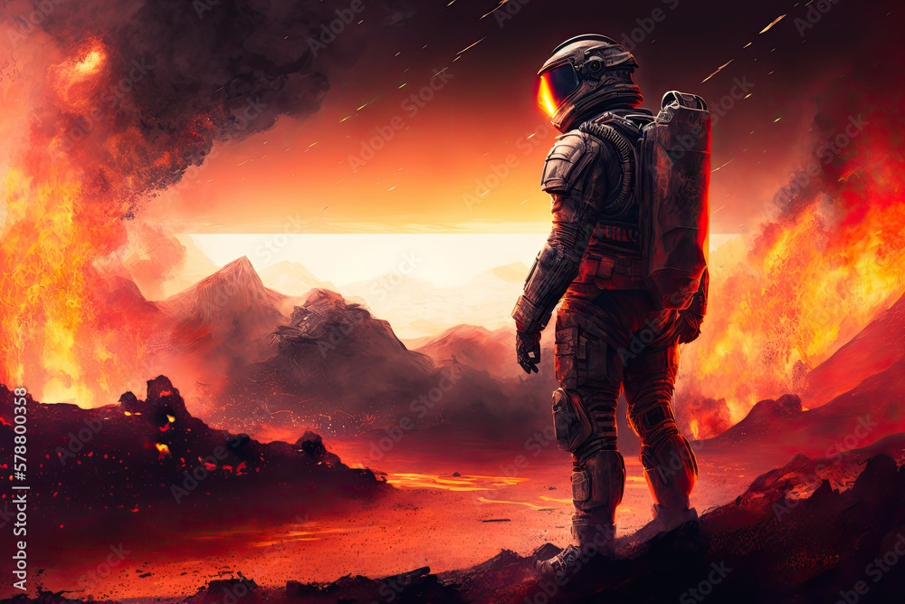 Sticker astronaut on surface of uninhabitable planet. dangers of space exploration and colonization of plane