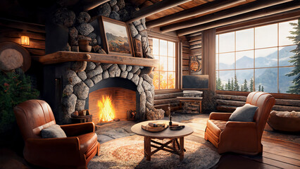 Cozy, comfortable mountain cabin with stone fireplace - obrazy, fototapety, plakaty