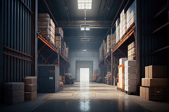 Warehouse interior. Commercial distribution warehouse with shelves and boxes. Created with Generative AI
