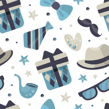 Male accessories seamless pattern. Wallpaper, textile, background with bowtie, gift bow, hat, glasses and mustache repeating print cartoon vector