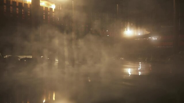 夜の修善寺の独鈷の湯と立ち上る湯煙　伊豆
