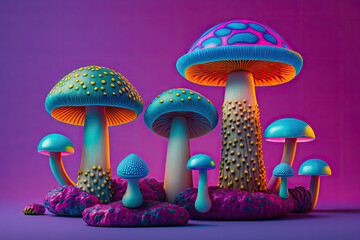 Psychedelic glowing mushrooms in forest. Magical background with colorful hallucinogenic mushrooms on abstract background. Cretaed with Generative AI